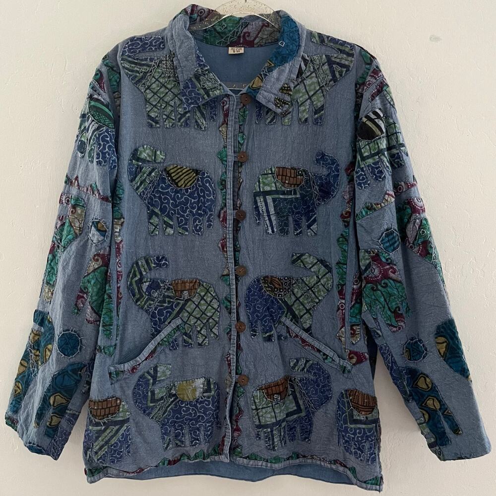 Elephant Quilted Patchwork Jacket Women's S-M Chambray Blue Cotton Boho Artsy
